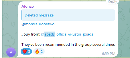 Telegram group message from Alonzo: “I buy from @goads_official @Justin_goads. They've been recommended in the group several times.”
