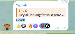 Telegram group message from Tap1oN answering a request for a solid provider with a single word: “Goads.”